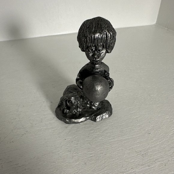 Handcrafted Solid XL Ricker Pewter Boy with Puppy Dog and Ball Signed MA Ricker - Picture 1 of 6